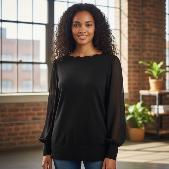 Cable & Gauge Black Scalloped Neck Sweater with Sheer Sleeve Size XL - Picture 2 of 7